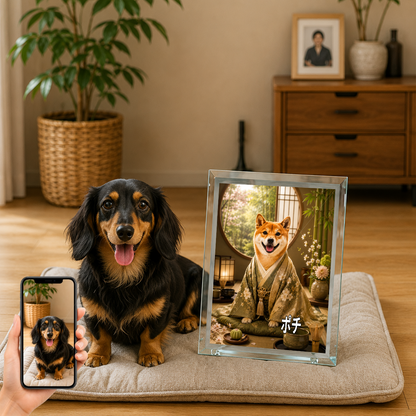 愛犬 写真入り 名入れ ガラスフォトパネル 茶室 上品な和犬 うちの子アート