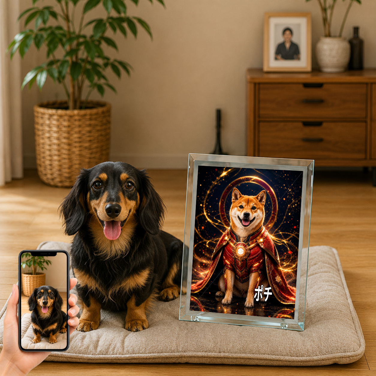 愛犬 写真入り 名入れ ガラスフォトパネル パワードスーツ ヒーロー犬