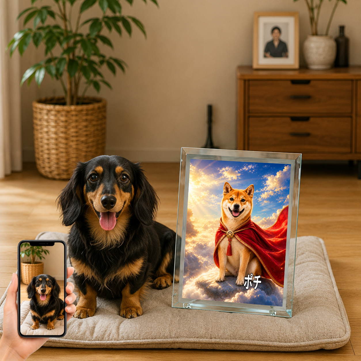 愛犬 写真入り 名入れ ガラスフォトパネル 赤マント ヒーロー犬 うちの子