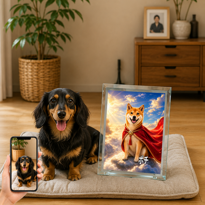 愛犬 写真入り 名入れ ガラスフォトパネル 赤マント ヒーロー犬 うちの子