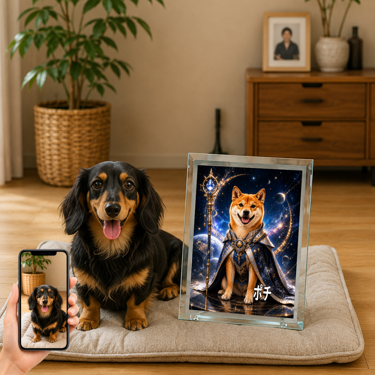 愛犬 写真入り 名入れ ガラスフォトパネル 銀河スペースナイト犬