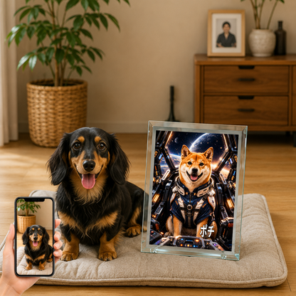 愛犬 写真入り 名入れ ガラスフォトパネル メカパイロット犬 SFアート