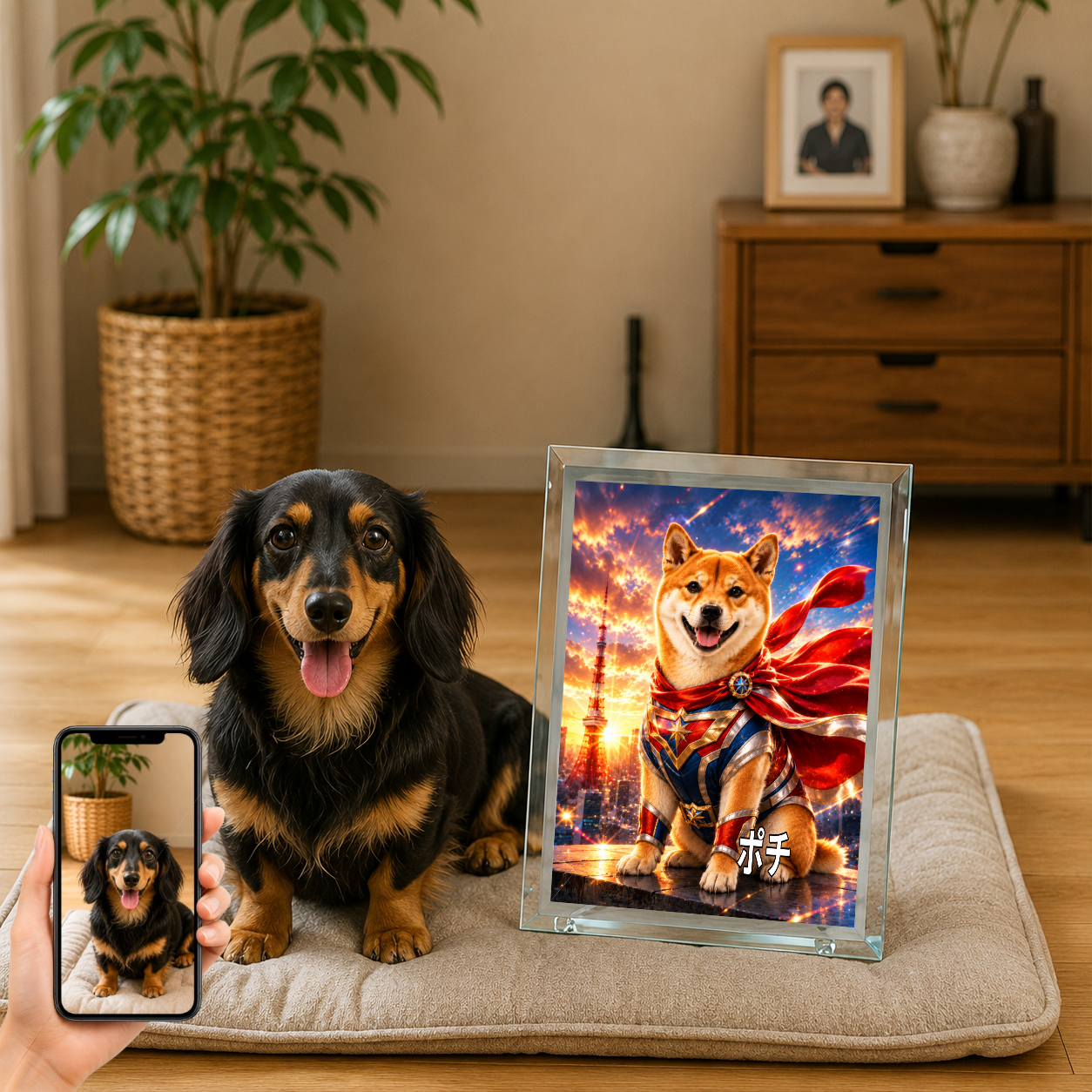 愛犬 写真入り 名入れ ガラスフォトパネル 特撮ヒーロー風 うちの子