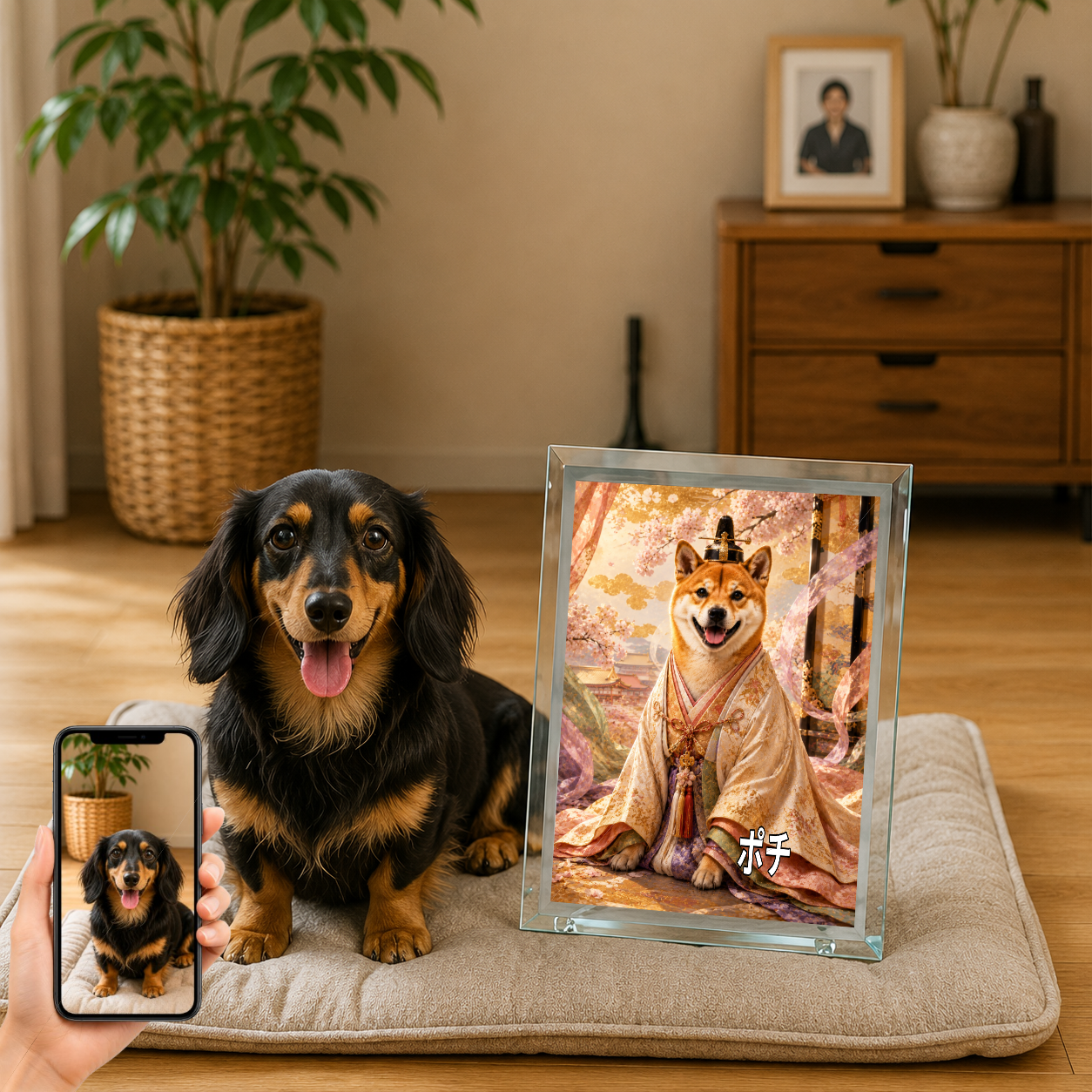 愛犬 写真入り 名入れ ガラスフォトパネル 平安王朝 ロイヤル犬
