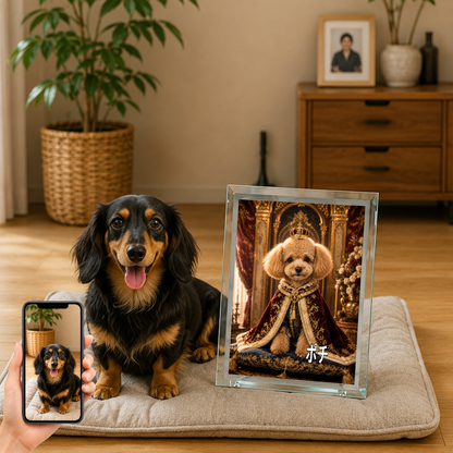 愛犬 写真入り 名入れ ガラスフォトパネル 王様マント犬 ロイヤルアート