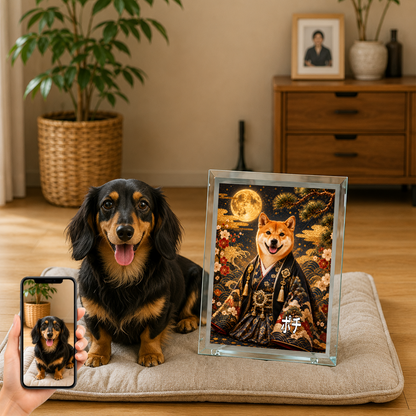 愛犬 写真入り 名入れ ガラスフォトパネル 晴れ着 金屏風 うちの子ギフト