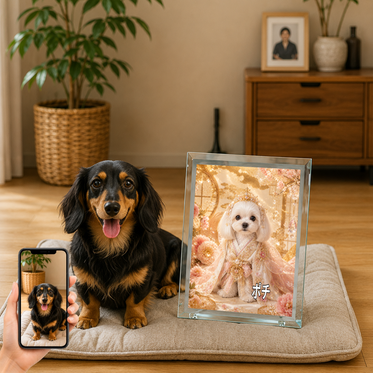 愛犬 写真入り 名入れ ガラスフォトパネル 姫さま犬 プリンセス風