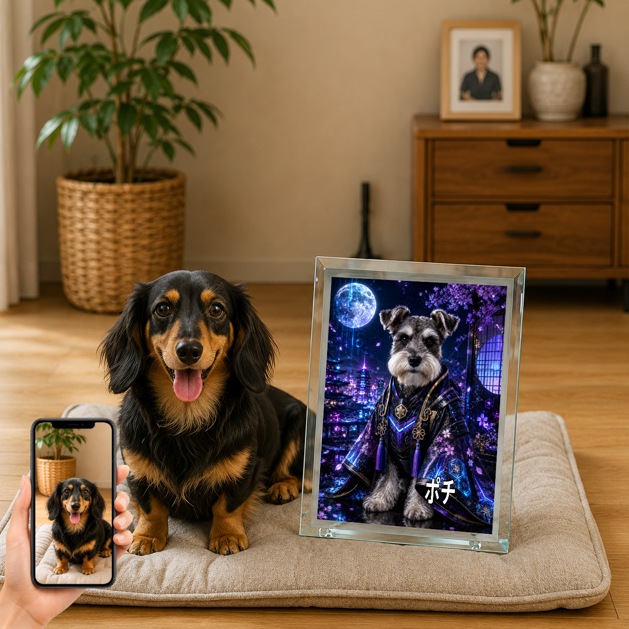 愛犬 写真入り 名入れ ガラスフォトパネル サイバー侍犬 近未来和風