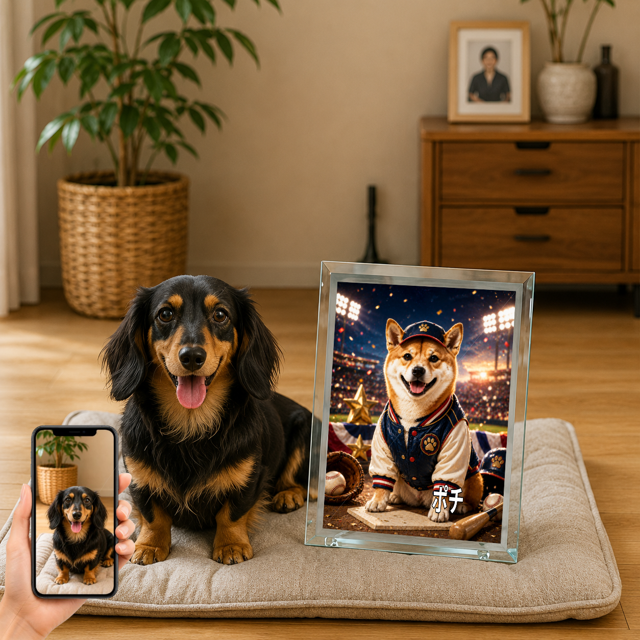 愛犬 写真入り 名入れ ガラスフォトパネル 野球スター犬 スポーツアート