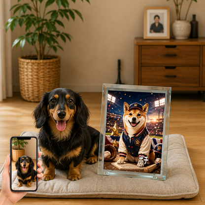 愛犬 写真入り 名入れ ガラスフォトパネル 野球スター犬 スポーツアート