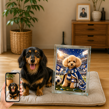 愛犬 写真入り 名入れ ガラスフォトパネル サッカーキャプテン犬