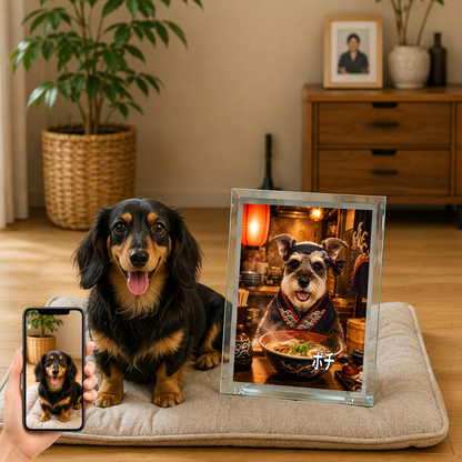 愛犬 写真入り 名入れ ガラスフォトパネル ラーメン職人犬