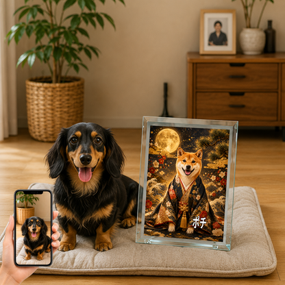 愛犬 写真入り 名入れ ガラスフォトパネル 侍風 黒紺金彩 うちの子アート