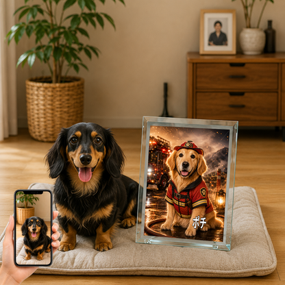 愛犬 写真入り 名入れ ガラスフォトパネル レスキューヒーロー犬