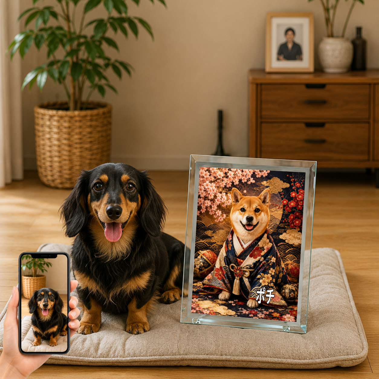愛犬 写真入り 名入れ ガラスフォトパネル 豪華和装犬 高級うちの子アート