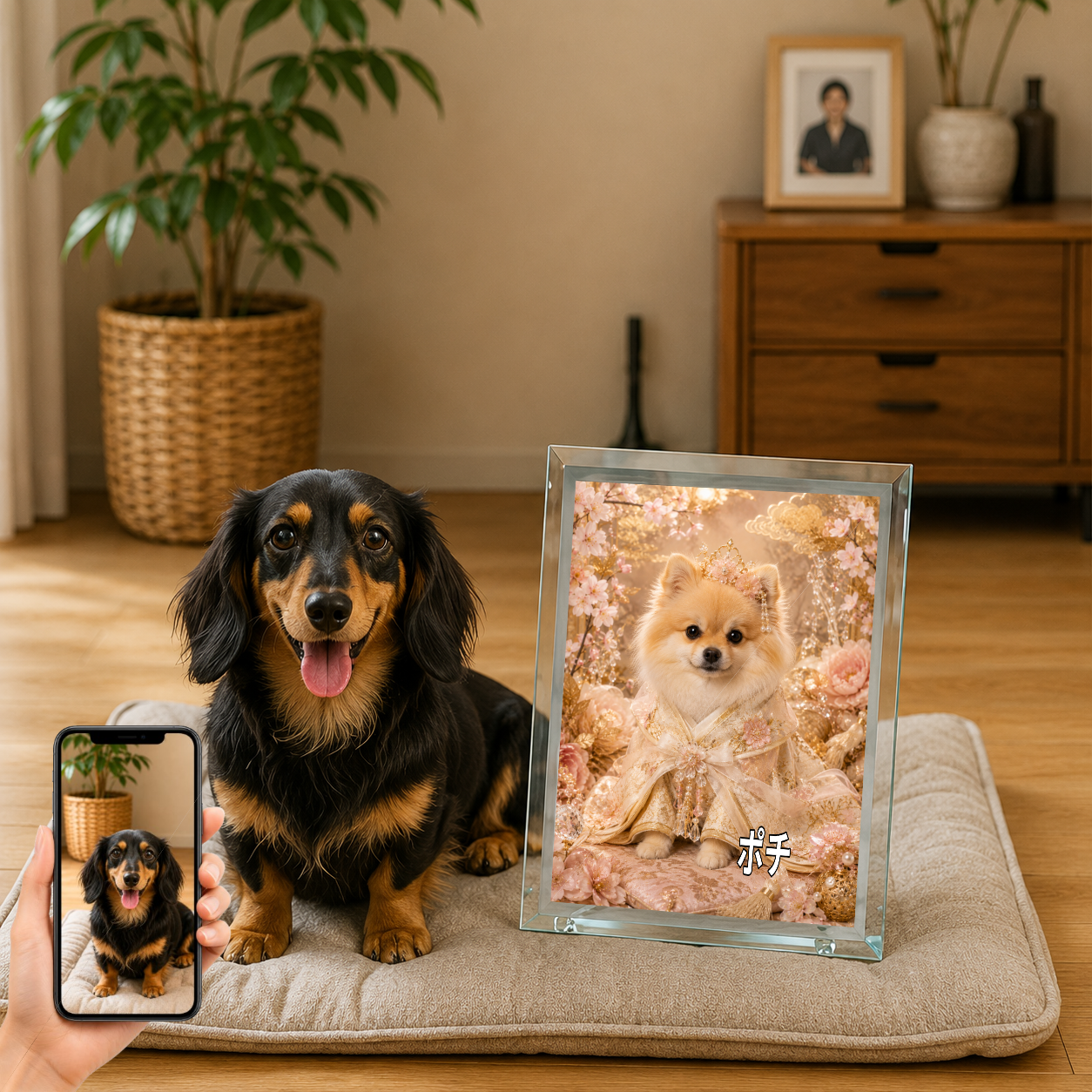 愛犬 写真入り 名入れ ガラスフォトパネル 姫さま犬 和風プリンセス