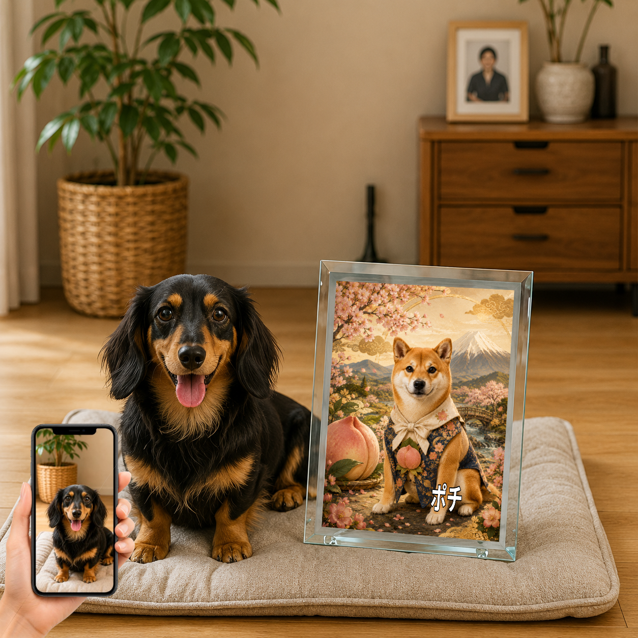 愛犬 写真入り 名入れ ガラスフォトパネル 桃太郎の相棒犬