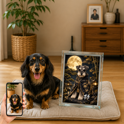 愛犬 写真入り 名入れ ガラスフォトパネル 月夜の守り犬 幻想和風