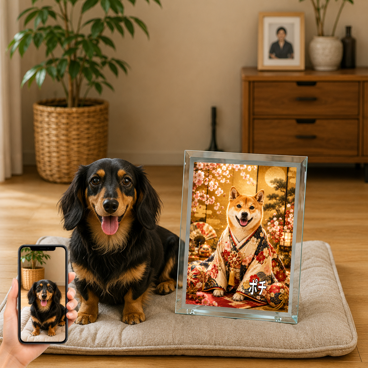 愛犬 写真入り 名入れ ガラスフォトパネル 桜と毬 華やか和装アート