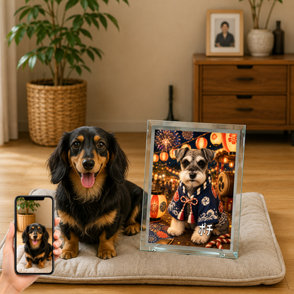 愛犬 写真入り 名入れ ガラスフォトパネル 夏祭り犬 浴衣風アート
