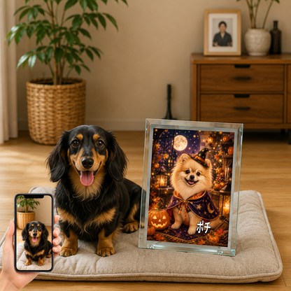愛犬 写真入り 名入れ ガラスフォトパネル ハロウィン魔法犬