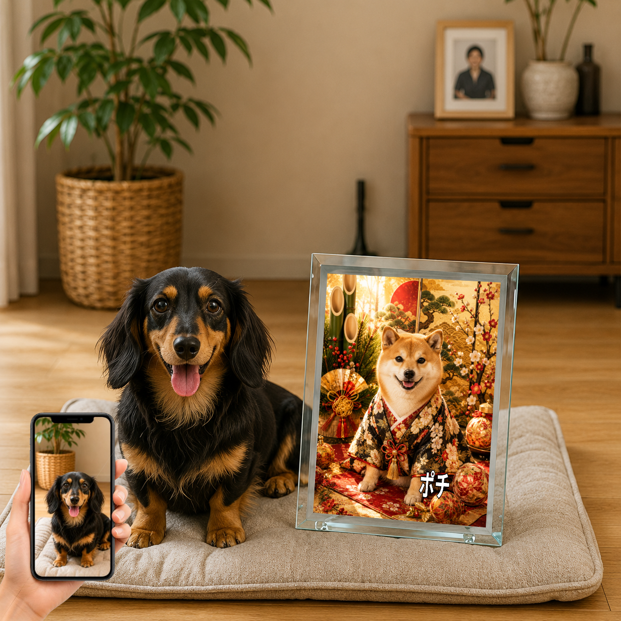 愛犬 写真入り 名入れ ガラスフォトパネル 正月晴れ着犬