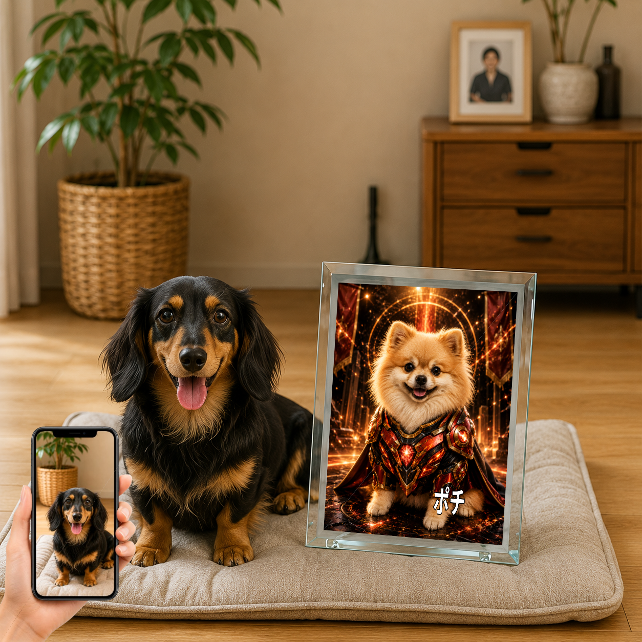 愛犬 写真入り 名入れ ガラスフォトパネル パワードスーツヒーロー犬