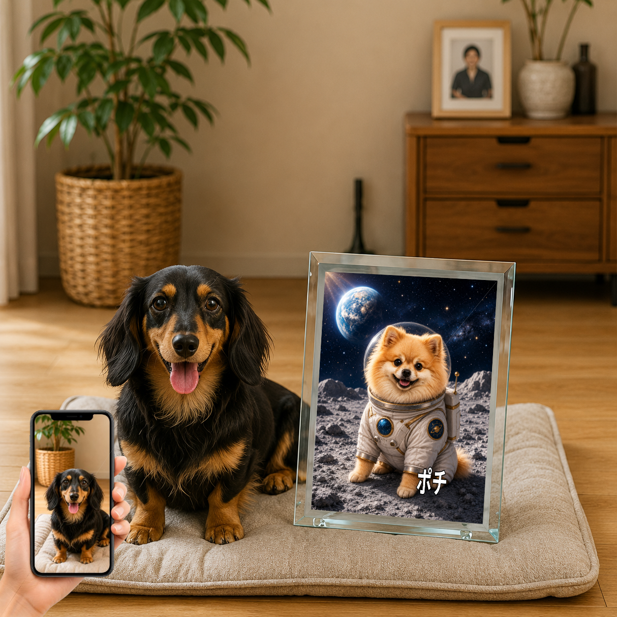 愛犬 写真入り 名入れ ガラスフォトパネル 宇宙飛行士犬 うちの子