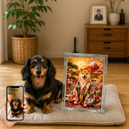 愛犬 写真入り 名入れ ガラスフォトパネル 赤富士 縁起物 うちの子ギフト