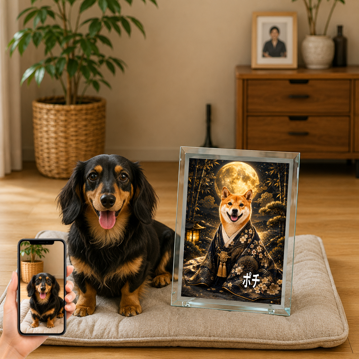 愛犬 写真入り 名入れ ガラスフォトパネル 月夜の守り犬 和風アート