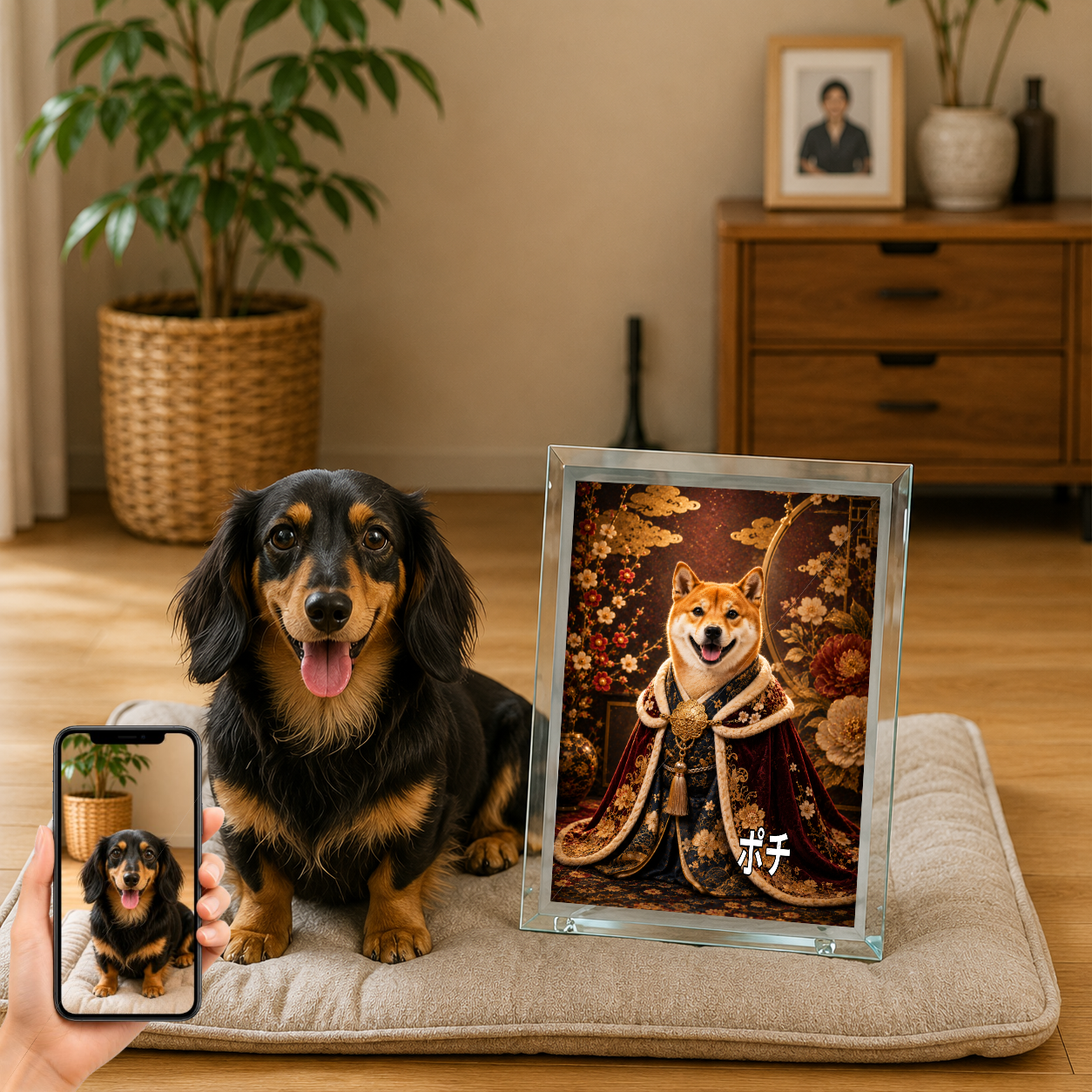 愛犬 写真入り 名入れ ガラスフォトパネル 王族ポートレート 和洋ミックス