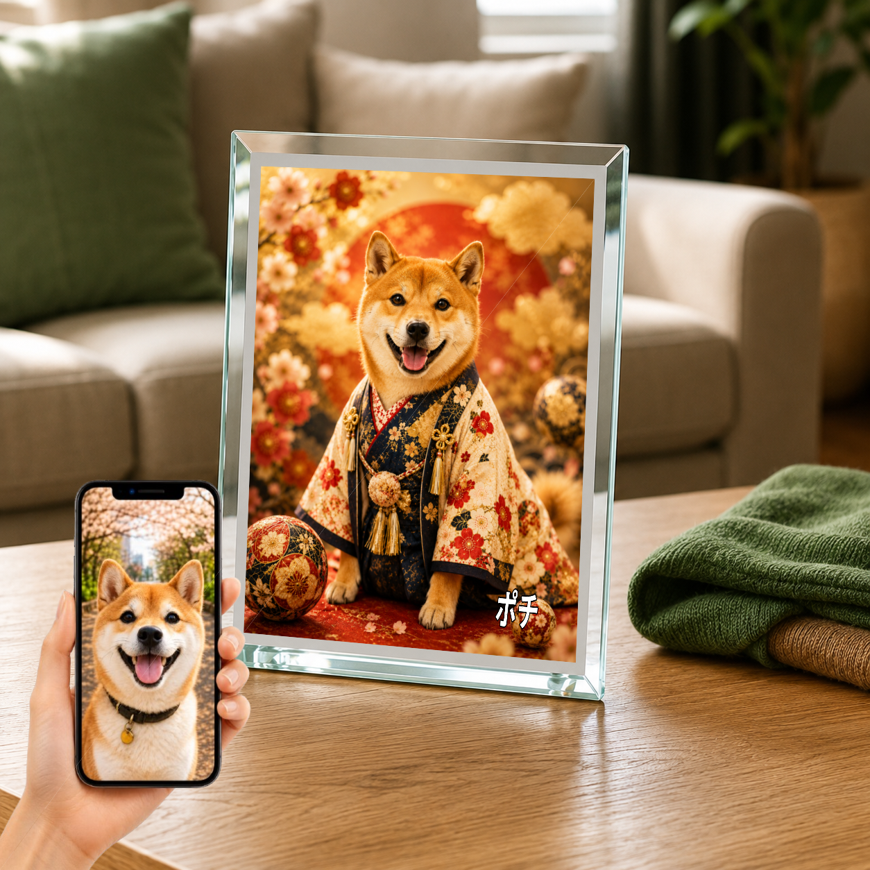 愛犬 写真入り 名入れ ガラスフォトパネル 豪華和装 月夜金彩 うちの子アート