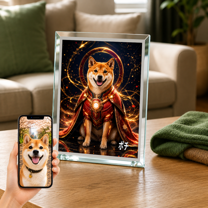 愛犬 写真入り 名入れ ガラスフォトパネル パワードスーツ ヒーロー犬