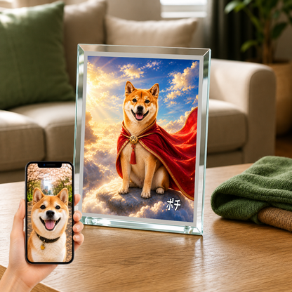 愛犬 写真入り 名入れ ガラスフォトパネル 赤マント ヒーロー犬 うちの子