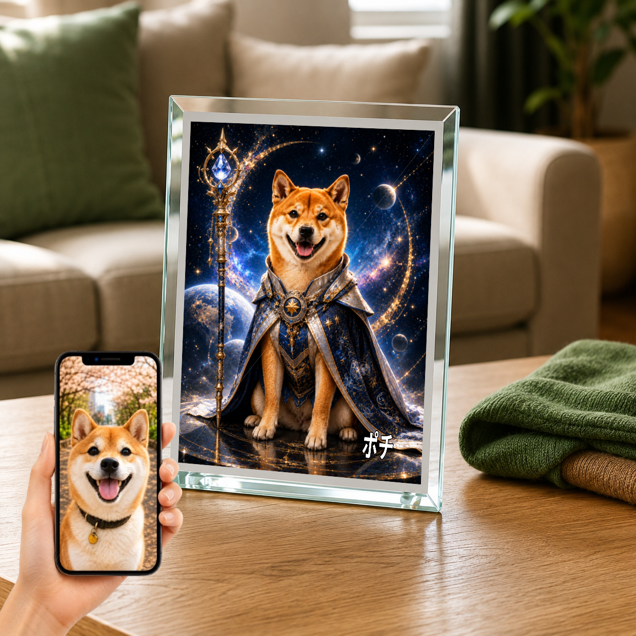 愛犬 写真入り 名入れ ガラスフォトパネル 銀河スペースナイト犬