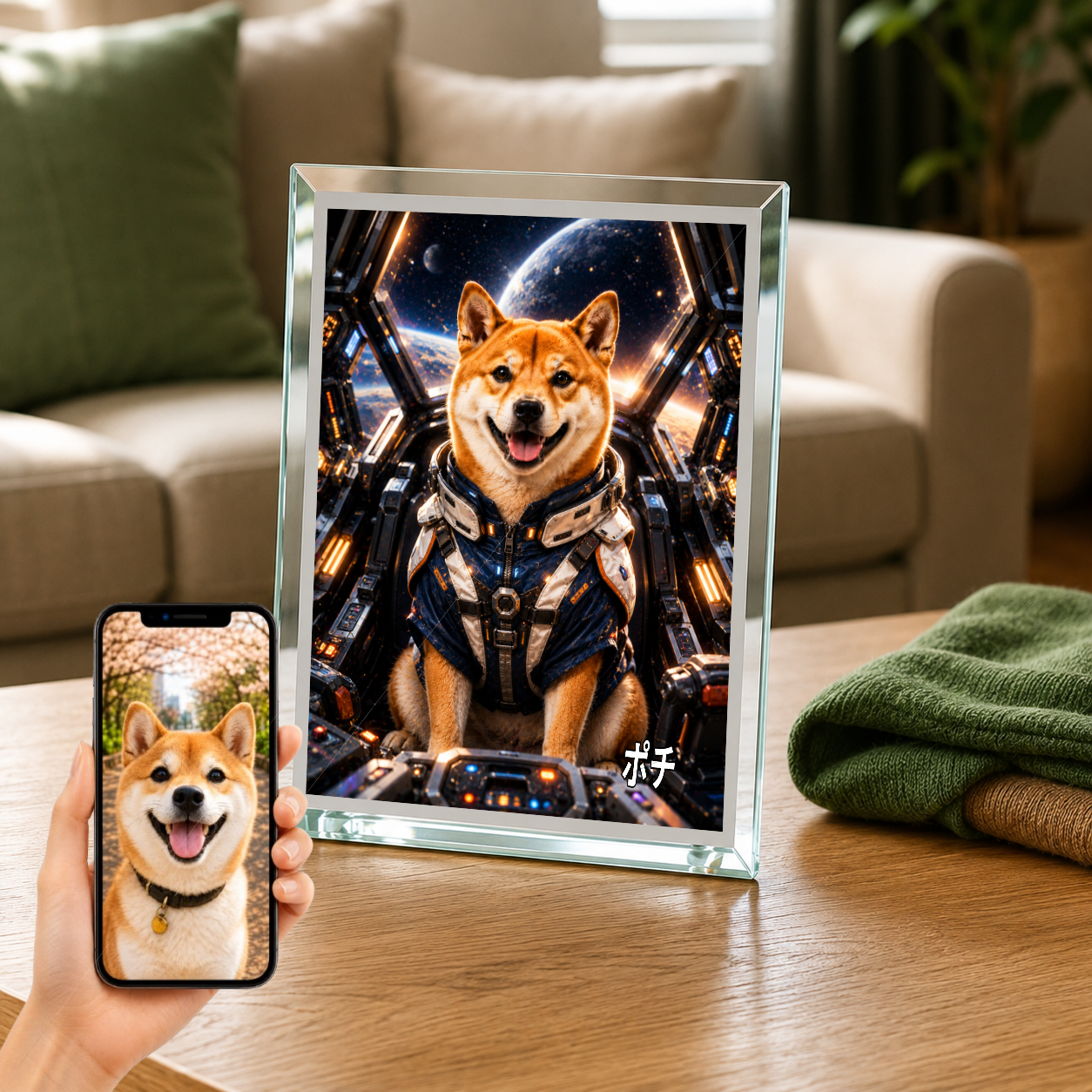 愛犬 写真入り 名入れ ガラスフォトパネル メカパイロット犬 SFアート