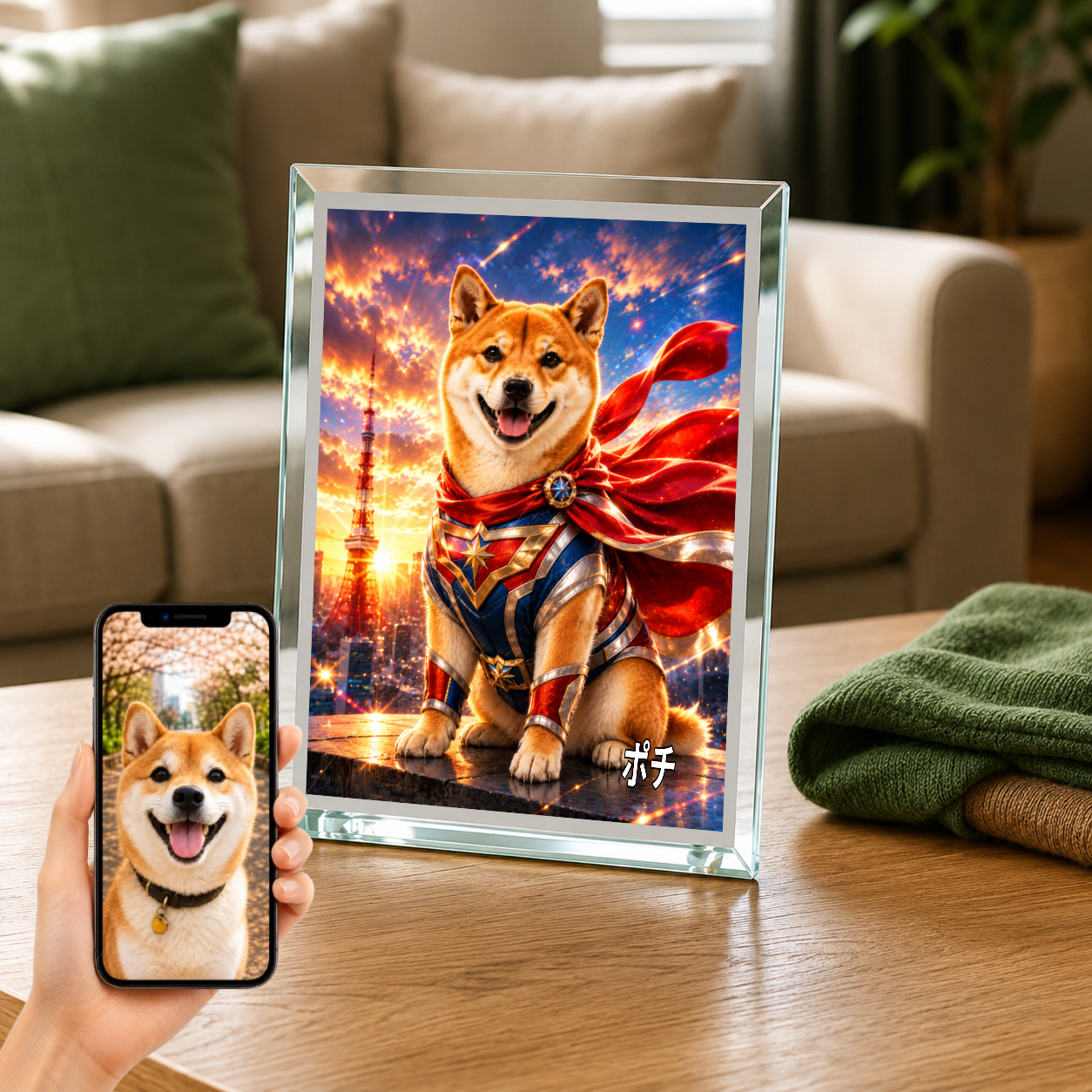 愛犬 写真入り 名入れ ガラスフォトパネル 特撮ヒーロー風 うちの子