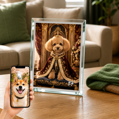 愛犬 写真入り 名入れ ガラスフォトパネル 王様マント犬 ロイヤルアート