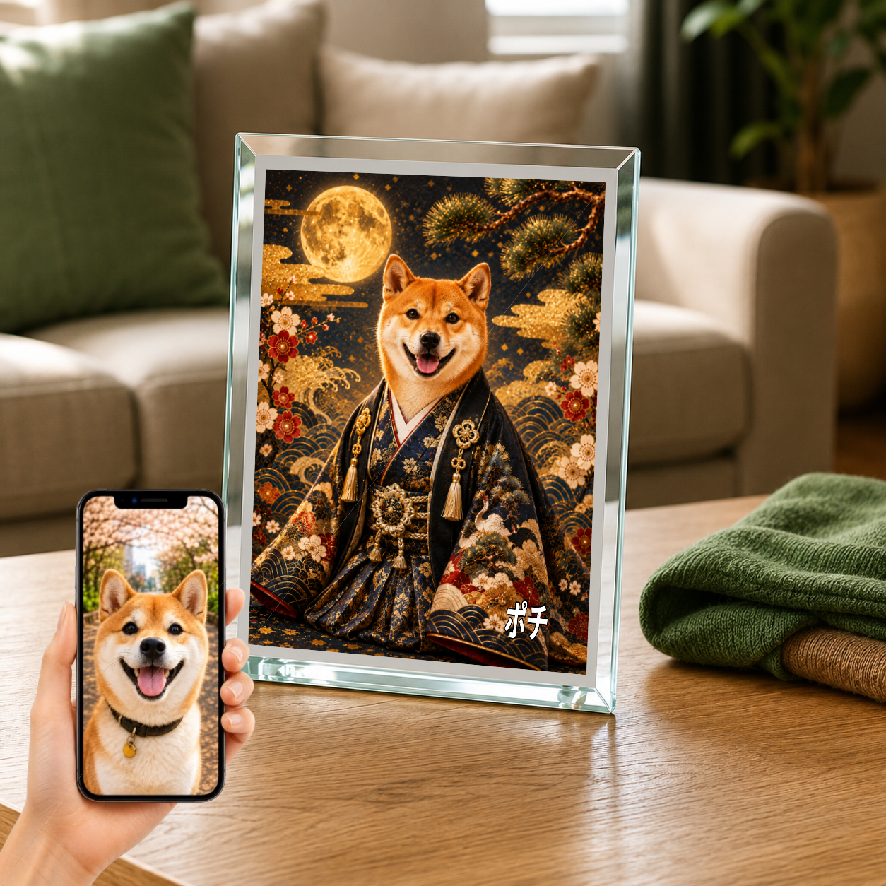 愛犬 写真入り 名入れ ガラスフォトパネル 晴れ着 金屏風 うちの子ギフト