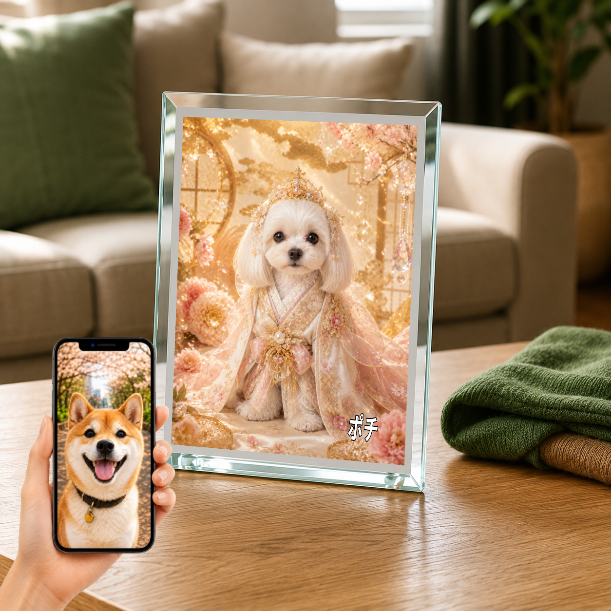 愛犬 写真入り 名入れ ガラスフォトパネル 姫さま犬 プリンセス風