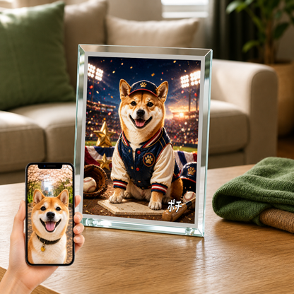 愛犬 写真入り 名入れ ガラスフォトパネル 野球スター犬 スポーツアート