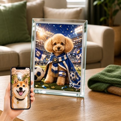愛犬 写真入り 名入れ ガラスフォトパネル サッカーキャプテン犬