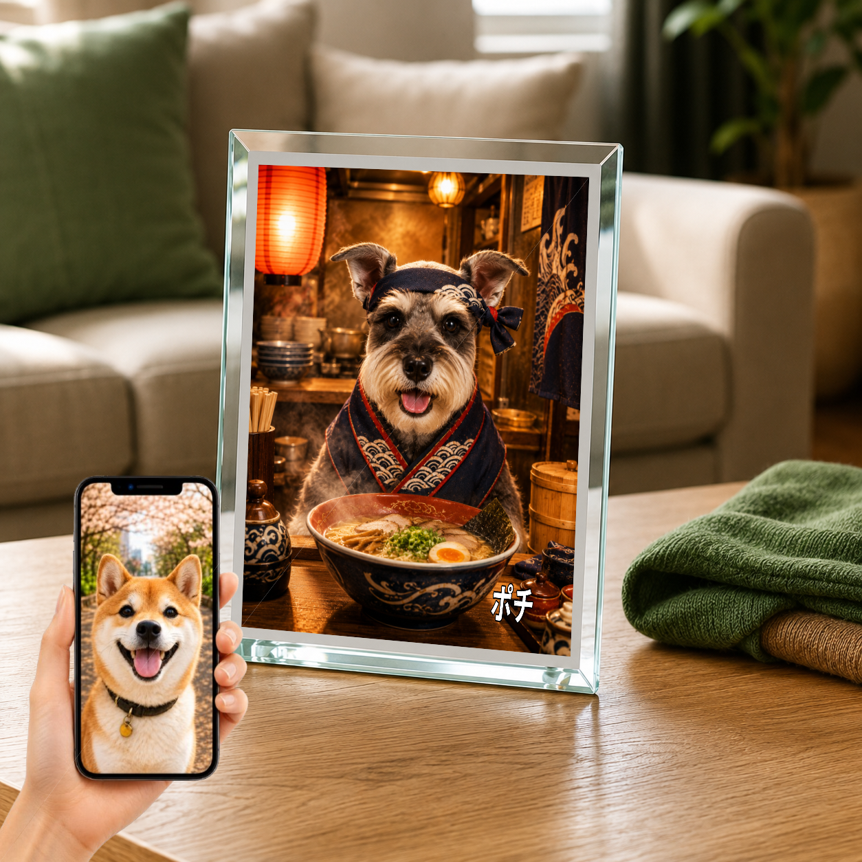 愛犬 写真入り 名入れ ガラスフォトパネル ラーメン職人犬