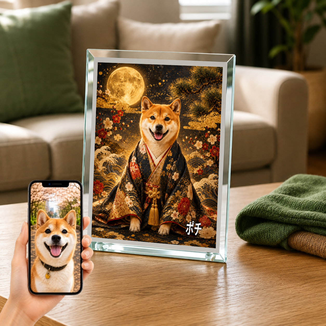 愛犬 写真入り 名入れ ガラスフォトパネル 侍風 黒紺金彩 うちの子アート