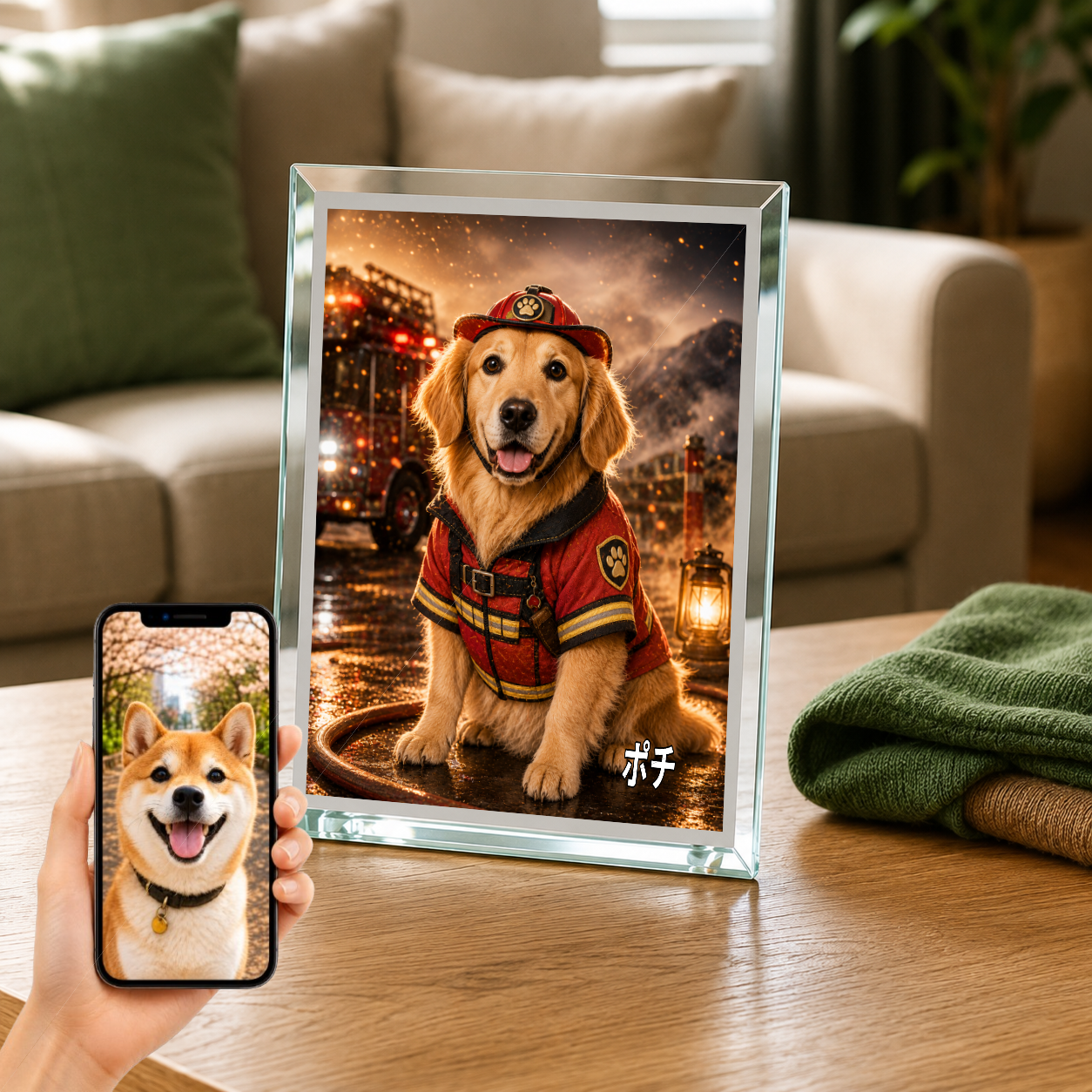 愛犬 写真入り 名入れ ガラスフォトパネル レスキューヒーロー犬
