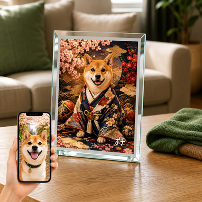 愛犬 写真入り 名入れ ガラスフォトパネル 豪華和装犬 高級うちの子アート
