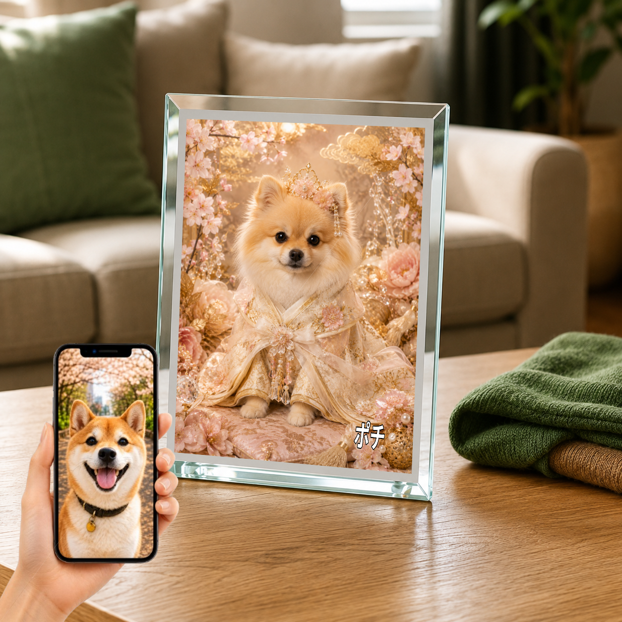 愛犬 写真入り 名入れ ガラスフォトパネル 姫さま犬 和風プリンセス