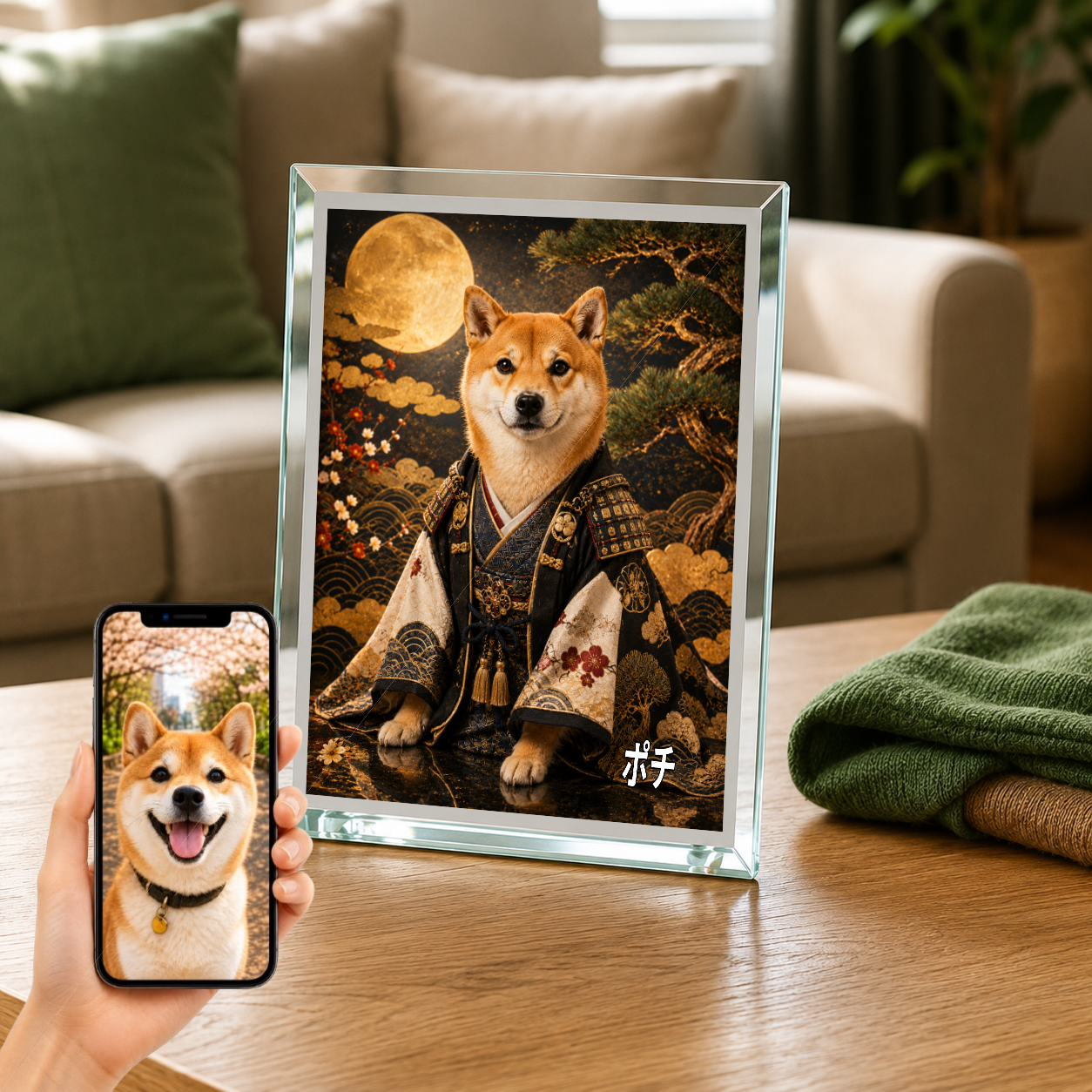 愛犬 写真入り 名入れ ガラスフォトパネル 侍犬 サムライ風アート
