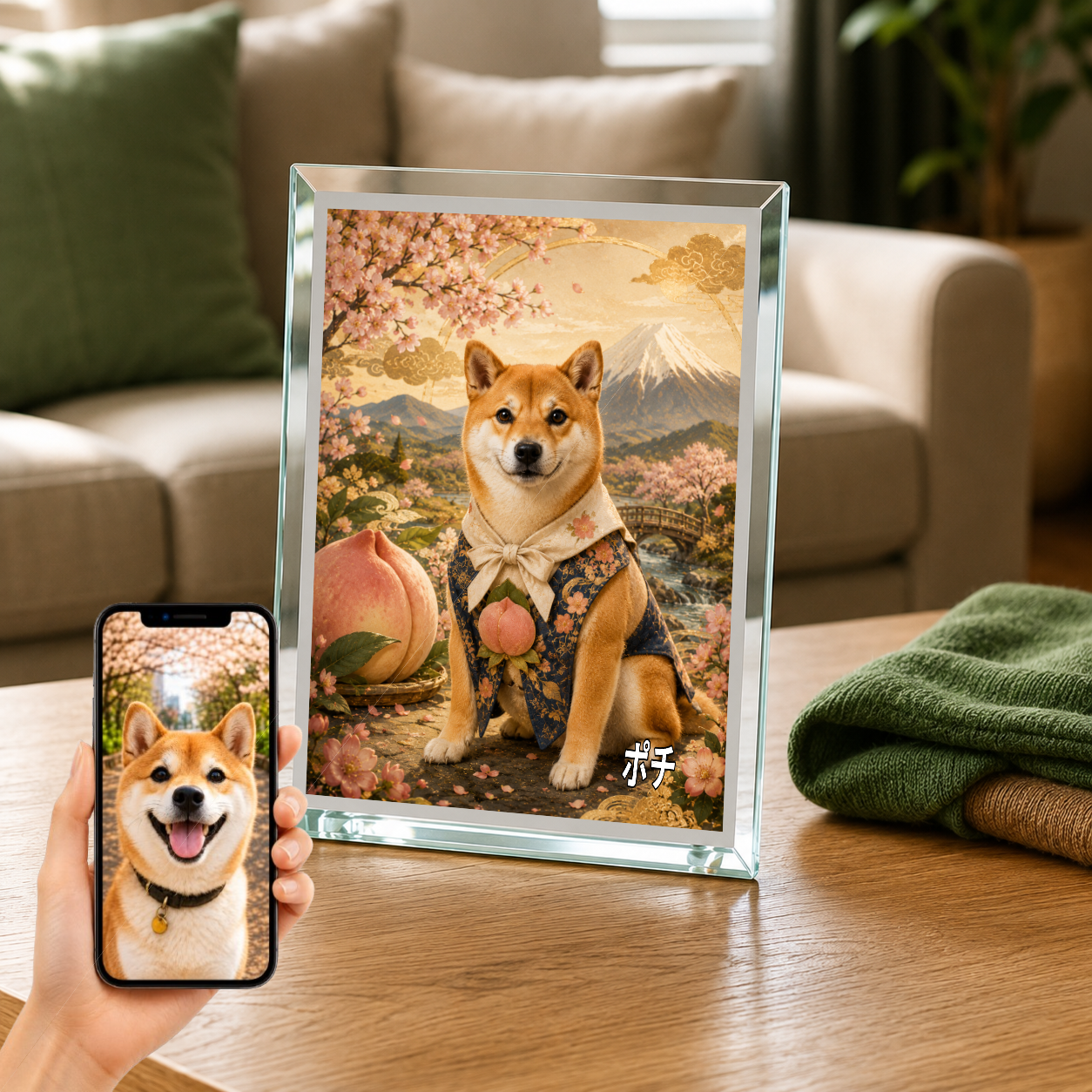愛犬 写真入り 名入れ ガラスフォトパネル 桃太郎の相棒犬