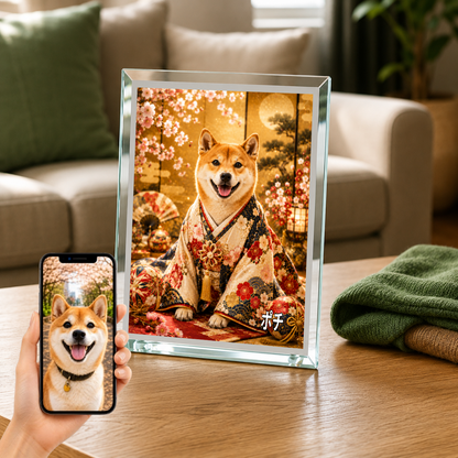 愛犬 写真入り 名入れ ガラスフォトパネル 桜と毬 華やか和装アート
